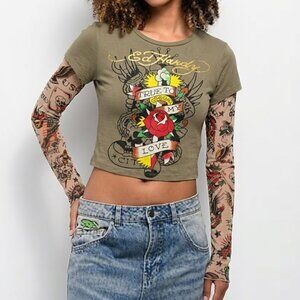 Ed Hardy Crop Top Size S NWT Y2K Tattoo Graphic Layered Long Sleeve Streetwear